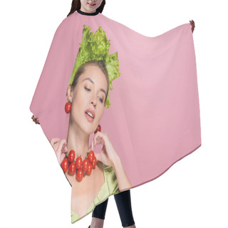 Personality  Charming Woman In Lettuce Hat, Touching Necklace Mad Of Cheery Tomatoes On Pink Hair Cutting Cape