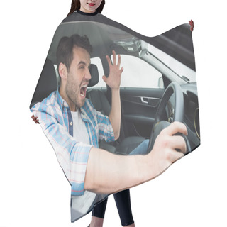 Personality  Young Man Experiencing Road Rage Hair Cutting Cape