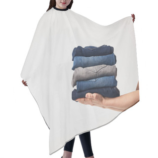 Personality  Cropped View Of Girl Holding Ironed Pants Isolated On White Hair Cutting Cape