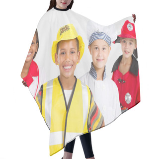 Personality  Group Of Happy Little Workers In Various Uniforms Hair Cutting Cape