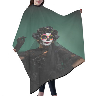 Personality  Woman In Scary Santa Muerte Costume Posing On Green Background  Hair Cutting Cape