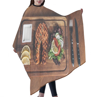 Personality  Top View Of Grilled Salmon Steak Served On Wooden Board With Lemon Slices And Salad Hair Cutting Cape