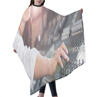 Personality  Panoramic Shot Of Sound Producer Working At Mixing Console Hair Cutting Cape