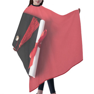 Personality  Top View Of Diploma With Beautiful Bow And Graduation Cap With Tassel On Red Background Hair Cutting Cape