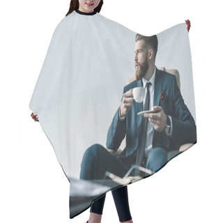 Personality  Businessman With Cup Of Coffee Hair Cutting Cape