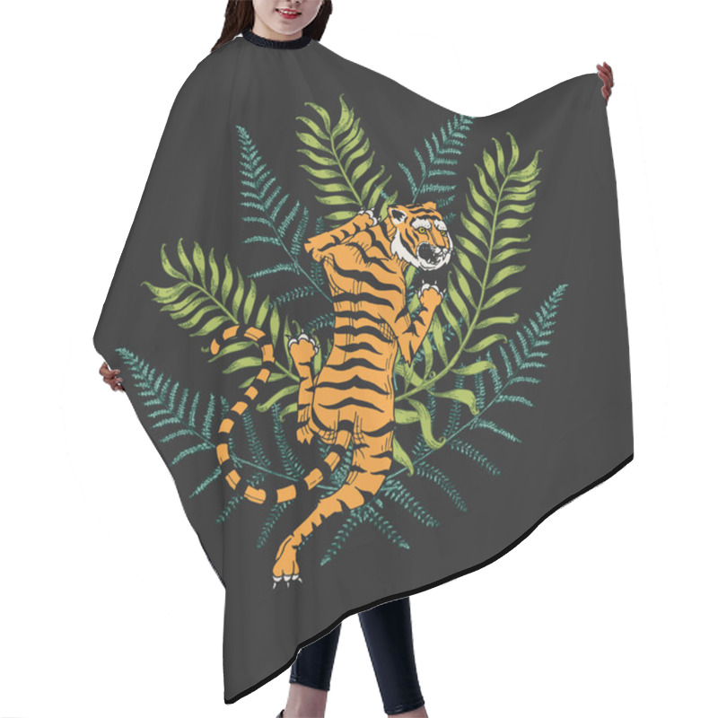 Personality  Japanese Tigers With Tropical Leaves. Wild Animal With Green Plants. Banner Or Poster For Advertising Or Web. Hair Cutting Cape