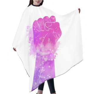 Personality  Fist Silhouette With Purple Watercolor Background With Splashes And Spray. Parades And Manifestos. Women Pride And Solidarity. Vector Object For Posters, Banners, Cards And Your Design. Hair Cutting Cape