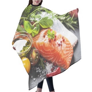 Personality  Delicious  Portion Of  Fresh Salmon Fillet  With Aromatic Herbs, Hair Cutting Cape