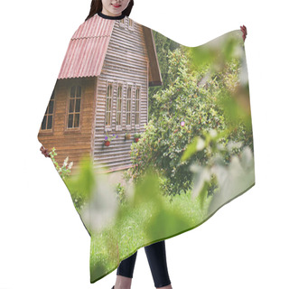 Personality  Suburban Wooden House With A Red Roof In The Green Garden At Russian Countryside In Summer Hair Cutting Cape
