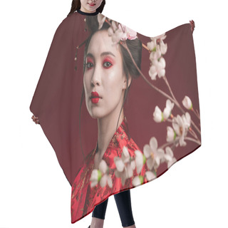 Personality  Image Of Charming Geisha Woman In Traditional Japanese Kimono With Sakura Tree Isolated Over Red Background Hair Cutting Cape
