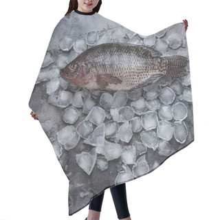 Personality  Top View Of Fresh Raw Fish On Ice Cubes On Grey Hair Cutting Cape