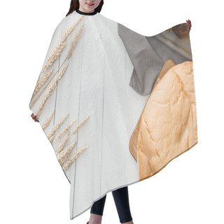 Personality  Top View Of Lavash Bread On Towel Near Spikes And Oil On White Wooden Surface Hair Cutting Cape