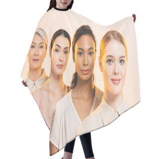 Personality  Selective Focus Of Happy Multicultural Women Looking At Camera Isolated On Beige  Hair Cutting Cape