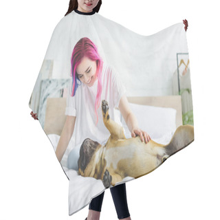 Personality  Girl With Colorful Hair Petting And Looking At Cute French Bulldog Laying On Back In Bed Hair Cutting Cape