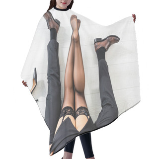 Personality  Cropped View Of Businessman Holding Buttocks Of Woman In Stockings Hair Cutting Cape