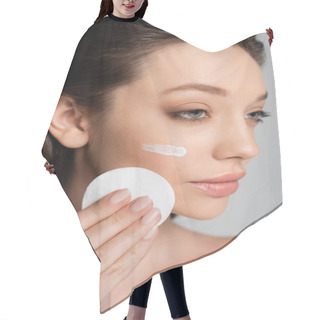 Personality  Close Up Of Young Woman With Cosmetic Product On Face Holding Cotton Pad Isolated On Grey Hair Cutting Cape