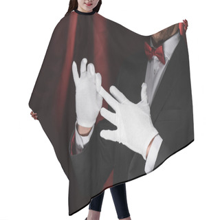 Personality  Cropped View Of Magician Taking Off White Gloves In Circus With Red Curtains Hair Cutting Cape