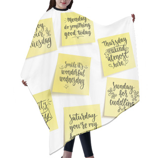 Personality  Week Days Motivation Quotes. Set Vector Handwritten Words On Yel Hair Cutting Cape
