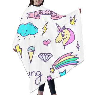 Personality  Trendy Sticker Pack With Magical Unicorn, Rainbow Shooting Star, Diamond, Crown, Lightning, Star, Ice Cream, Heart, Cloud With Rain, Ribbon With The Inscription Unicorn. Hair Cutting Cape