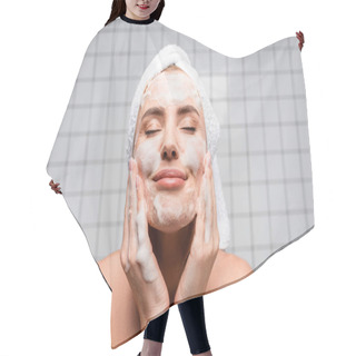 Personality  Happy Woman With Closed Eyes Applying Foam Cleanser In Bathroom Hair Cutting Cape