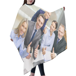 Personality  Business Team Showing Thumbs Up In Office Hair Cutting Cape