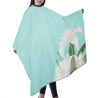 Personality  White Lilies With Green Leaves Isolated On Turquoise Hair Cutting Cape