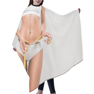 Personality  Partial View Of Beautiful Slim Woman In Underwear Holding Measuring Tape On Waist Isolated On Grey With Copy Space Hair Cutting Cape