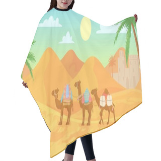 Personality  Desert Camel. Caravan In Egypt Sahara Landscapes. Cartoon Arabic Panoramic Vector Background With Sand Dunes And Camels Hair Cutting Cape