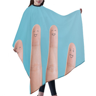 Personality  Cropped View Of Smiling Human Fingers Isolated On Blue Hair Cutting Cape
