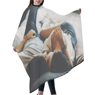 Personality  Attractive Romantic Couple Laying On Bed ,hugging And Kissing In A Cozy Room. Hair Cutting Cape