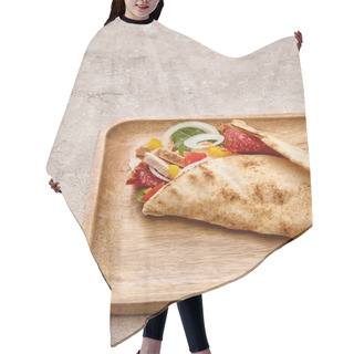 Personality  Fresh Burrito With Chicken And Vegetables On Board On Concrete Grey Background Hair Cutting Cape