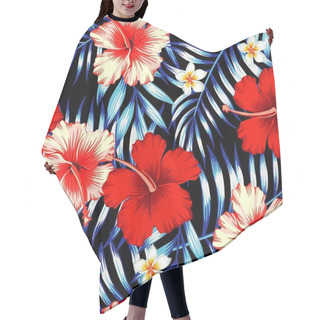 Personality  Hibiscus Red And Palm Leaves Blue Seamless Background Hair Cutting Cape