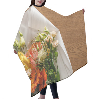 Personality  Top View Of Blooming Colorful Spring Bouquet On Paper On Wooden Background Hair Cutting Cape