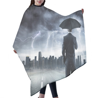 Personality  Businessman With Umbrella Looking Storm Over City Hair Cutting Cape