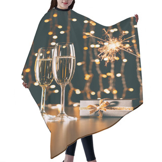 Personality  Glasses Of Champagne, Present And Christmas Sparkle On Garland Light Background, Christmas Concept Hair Cutting Cape