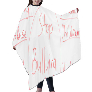 Personality  Panoramic Shot Of Red Stop Bullying Lettering Written On White Flip Chart Hair Cutting Cape