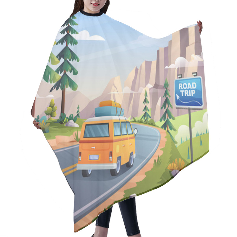 Personality  Road Trip Vacation By Car On Mountain Highway With Rocky Cliffs View Concept Cartoon Illustration Hair Cutting Cape