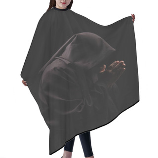 Personality  Side View Of Mysterious Monk In Hood Praying Isolated On Black Hair Cutting Cape