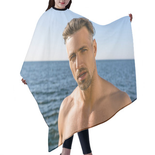 Personality  Close-up Portrait Of Shirtless Wet Man Looking At Camera On Seashore Hair Cutting Cape