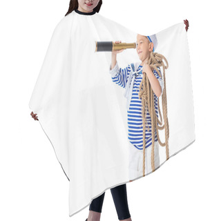 Personality  Smiling Preschooler Child In Sailor Costume Looking In Spyglass And Holding Rope Isolated On White Hair Cutting Cape