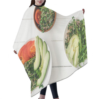 Personality  Top View Of Fresh Vegetables With Avocado And Microgreen In Bowls On White Wooden Surface Hair Cutting Cape