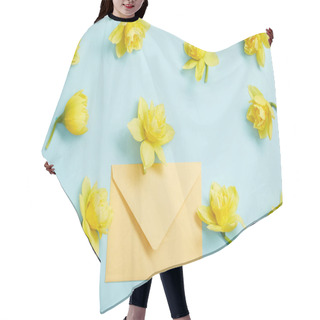 Personality  Top View Of Yellow Narcissus Flowers And Yellow Envelope On Blue  Hair Cutting Cape