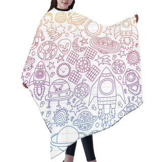 Personality  Vector Pattern With Space Icons, Planets, Spaceships, Stars, Comets, Rockets, Space Shuttle, Flying Saucers. Hair Cutting Cape