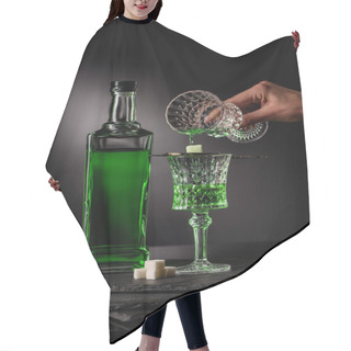 Personality  Cropped Shot Of Woman Pouring Absinthe In Glass And On Sugar Cube On Dark Background Hair Cutting Cape