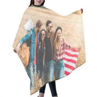Personality  Group Of Smiling Young American Travellers With Flag Walking By Flower Field Hair Cutting Cape