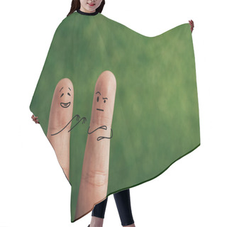 Personality  Cropped View Of Funny Couple Of Fingers On Green Hair Cutting Cape