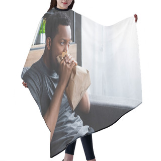 Personality  Stressed African American Man Breathing With Paper Bag While Having Panic Attack At Home Hair Cutting Cape
