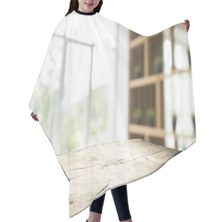 Personality  Wood Table Top On Blur Of Window Glass And Abstract Green From Garden With City View In The Morning Background. For Montage Product Display Hair Cutting Cape