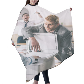 Personality  Businessman Helping Colleague With Copier At Office Hair Cutting Cape