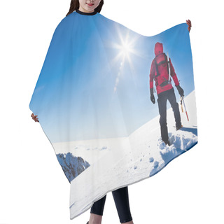 Personality  Mountaineer Reaches The Top Of A Snowy Mountain In A Sunny Winte Hair Cutting Cape